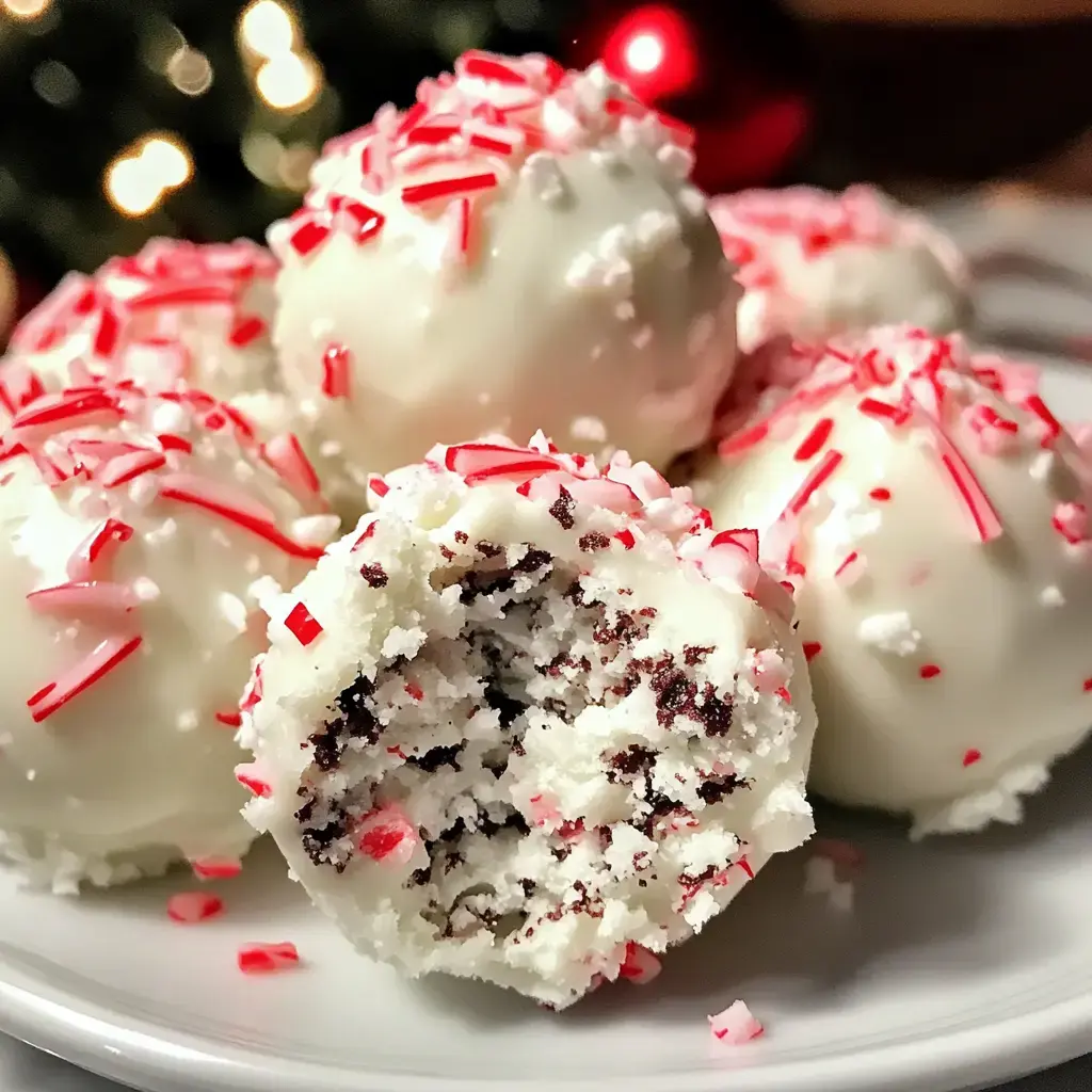 A plate of white chocolate-coated dessert balls adorned with crushed peppermint, with one ball cut in half revealing a chocolate and cream filling.