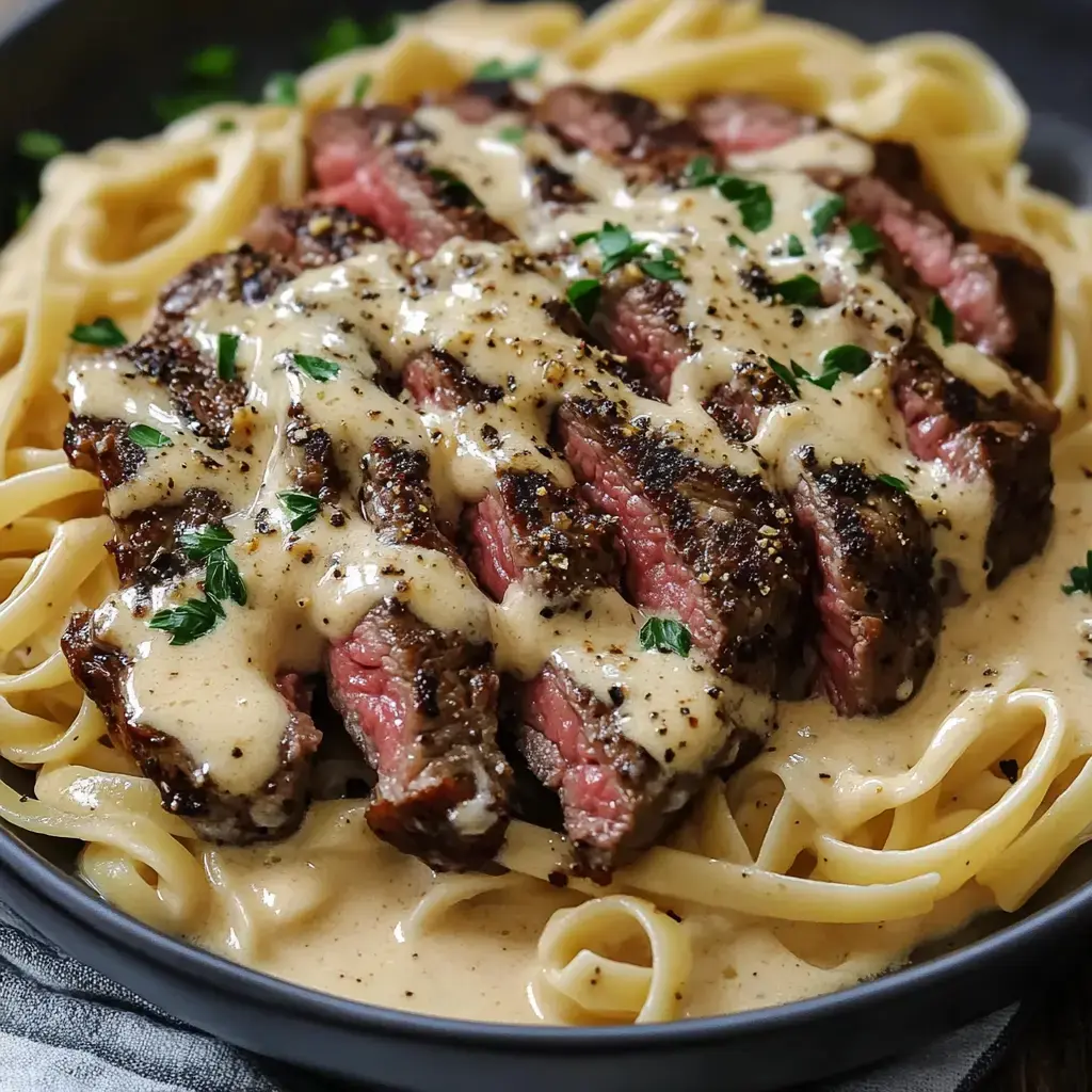 A plate of fettuccine pasta topped with slices of grilled steak and a creamy sauce, garnished with parsley.