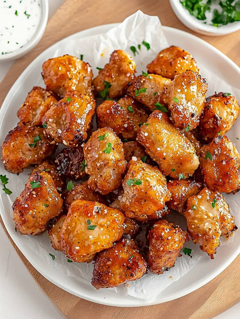 A plate of crispy, golden-brown fried bites garnished with chopped parsley and served on parchment paper.