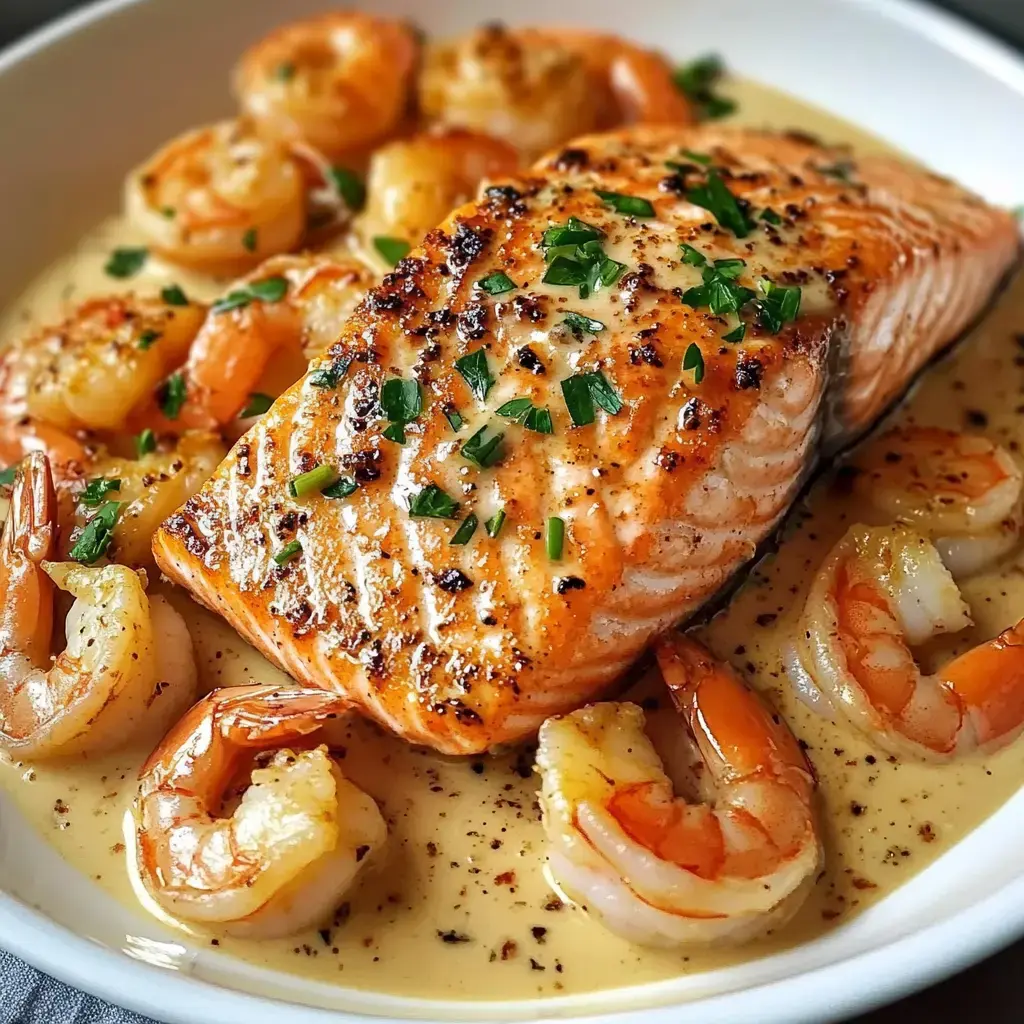 A plated dish featuring a thick piece of grilled salmon surrounded by shrimp in a creamy sauce, garnished with chopped parsley.