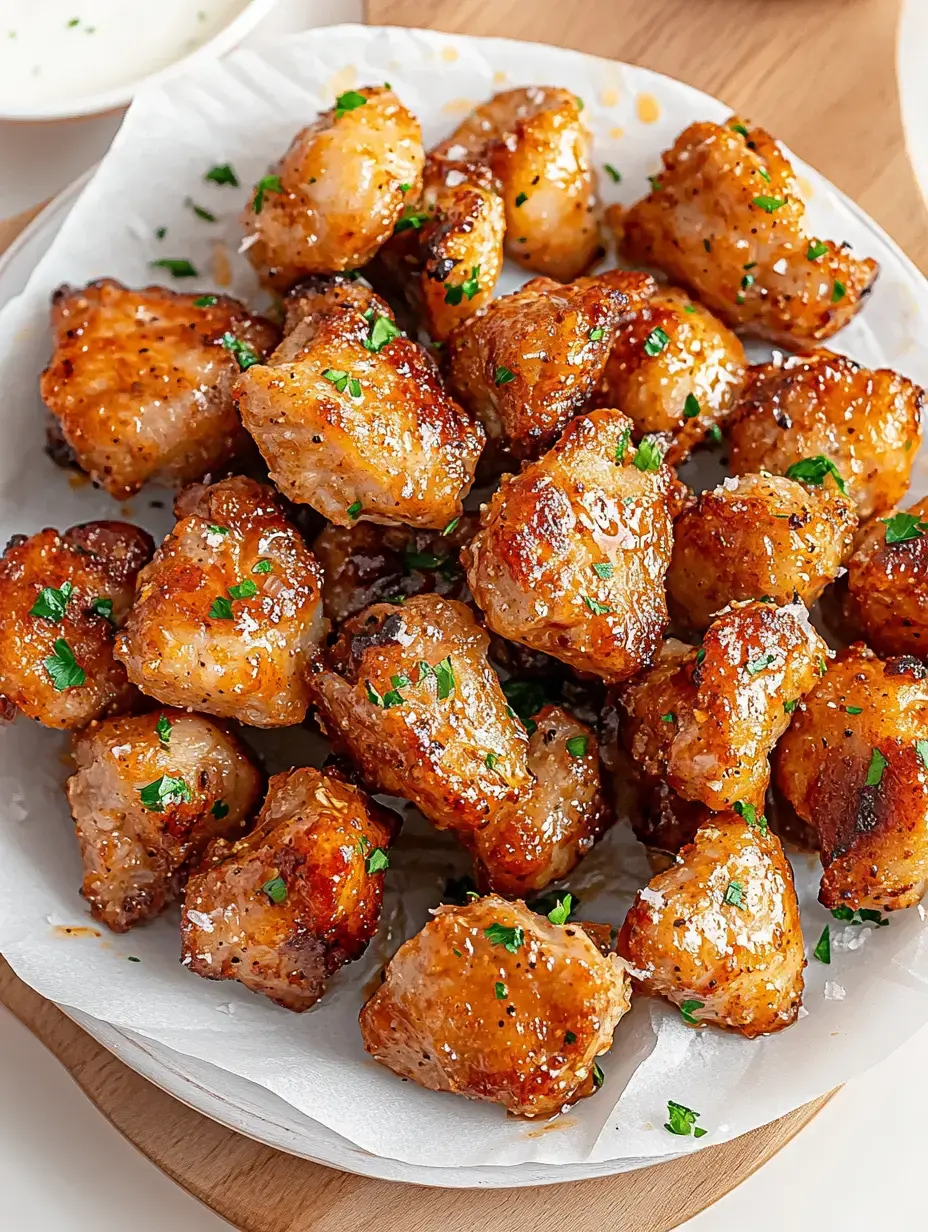 A pile of lightly crispy, golden-brown chicken bites garnished with parsley, served on a plate lined with parchment paper.