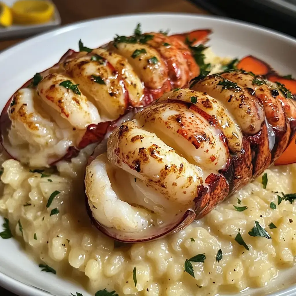 A close-up of two grilled lobster tails garnished with parsley, resting on a bed of creamy risotto.