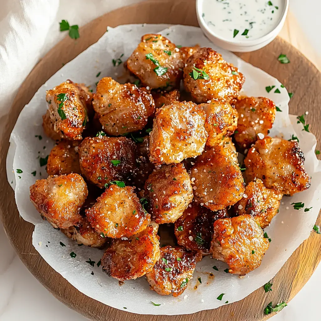 A pile of golden-brown, crispy meat bites garnished with parsley on a wooden platter, accompanied by a small bowl of dipping sauce.