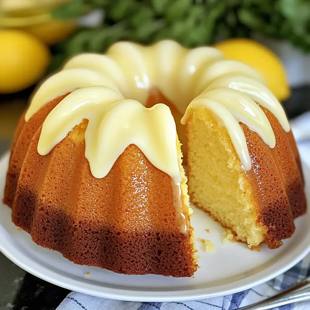 A freshly baked lemon bundt cake with a glossy icing, partially sliced to reveal its soft, moist interior.