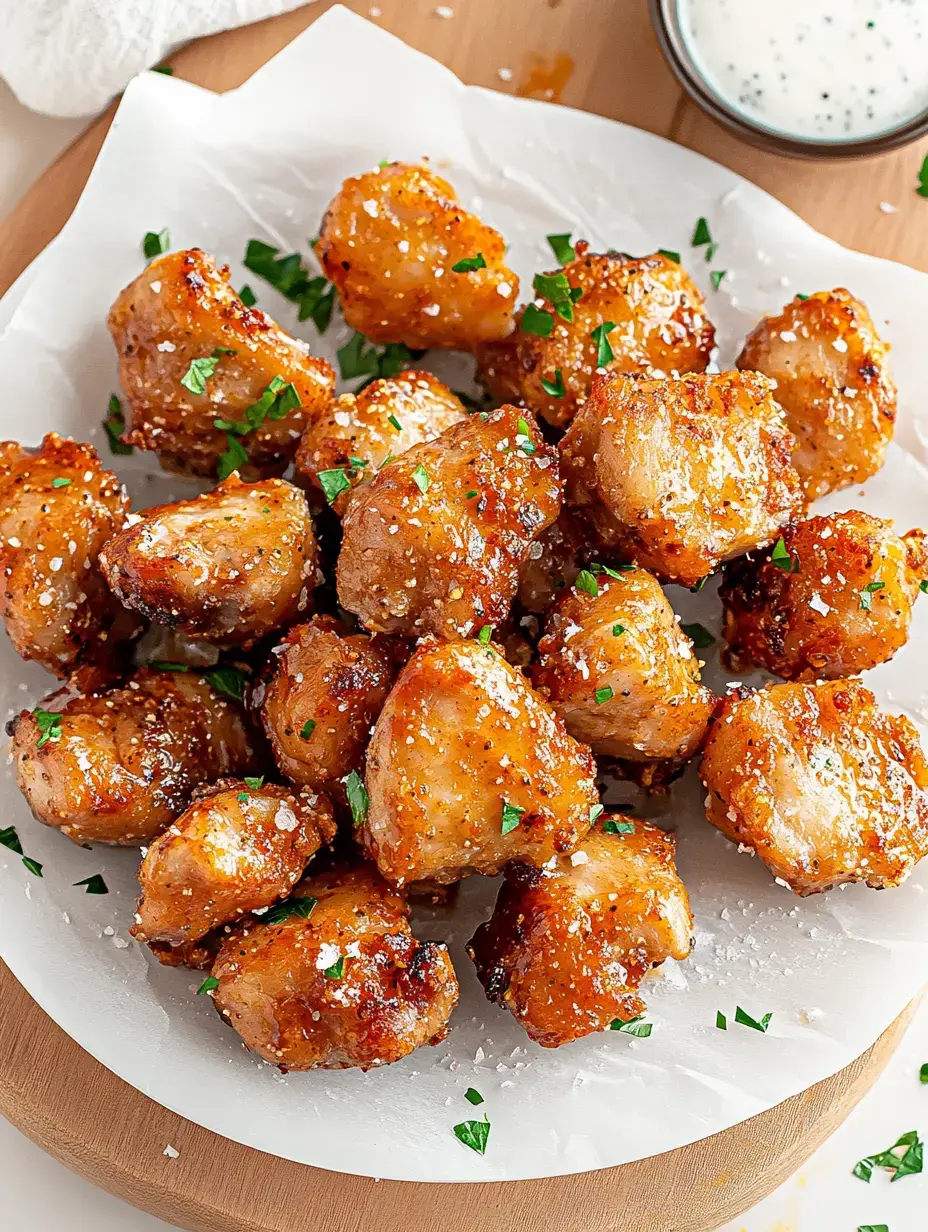 A plate of golden-brown, crispy bites garnished with parsley and sprinkled with salt on a wooden tray, accompanied by a small bowl of dipping sauce.