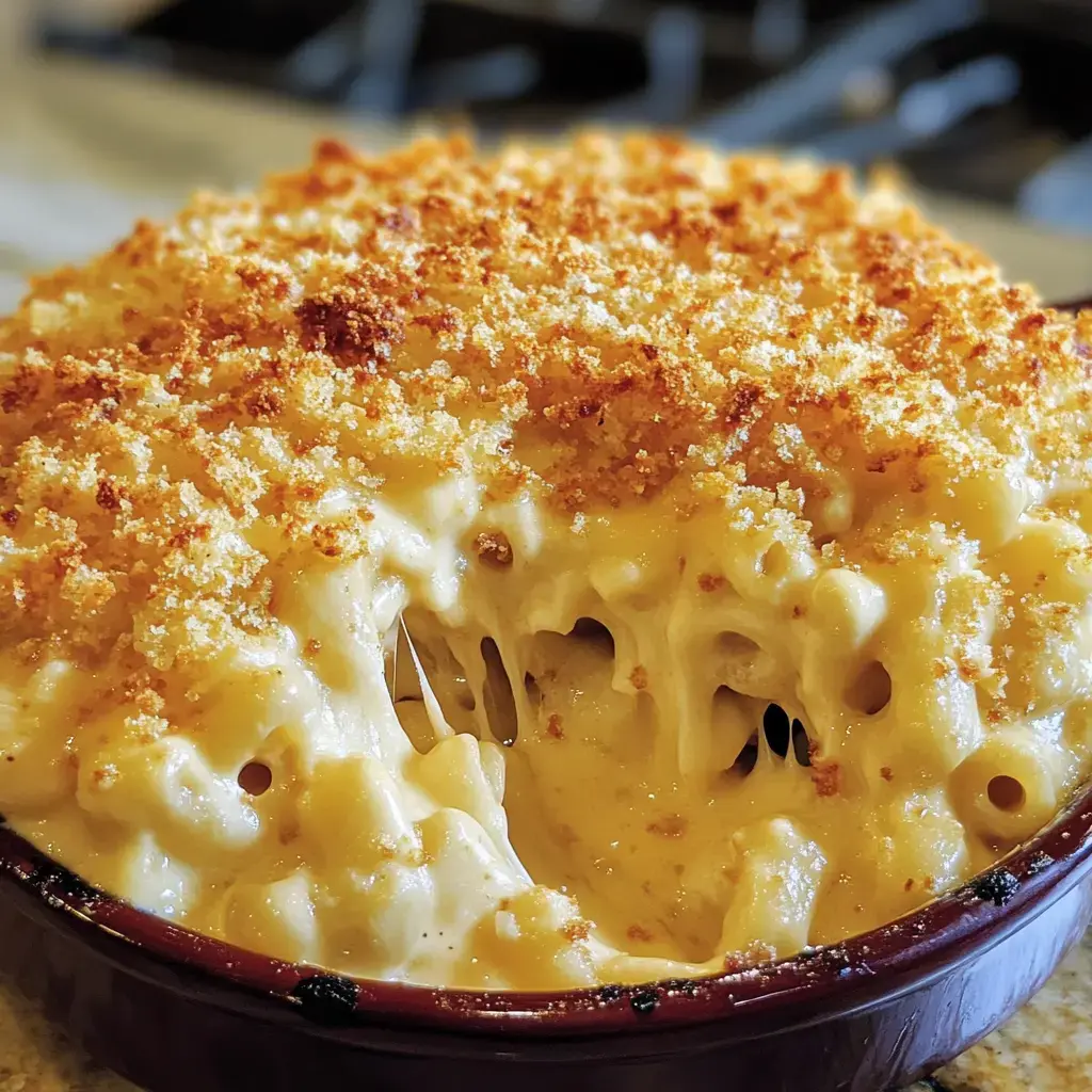 A creamy macaroni and cheese dish topped with golden, crispy breadcrumbs.