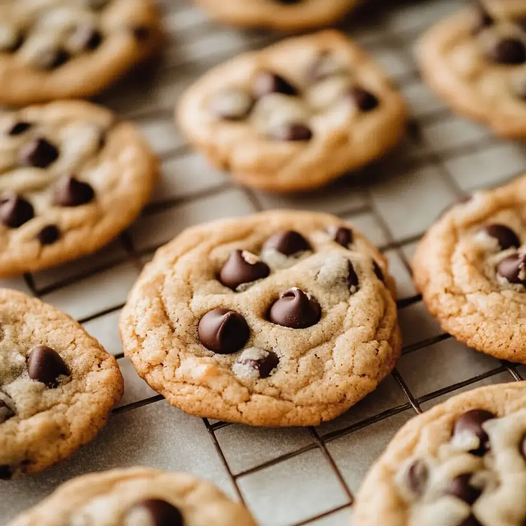 A close-up image of a tray of freshly baked chocolate chip cookies cooling on a wire rack.