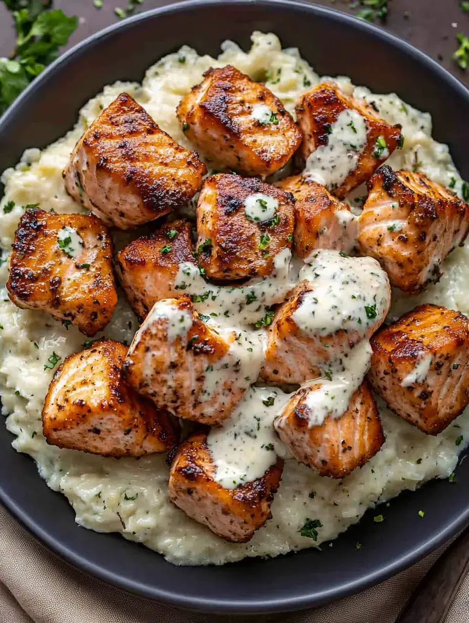 A plate of grilled salmon pieces drizzled with a creamy sauce served over a bed of creamy mashed potatoes, garnished with parsley.