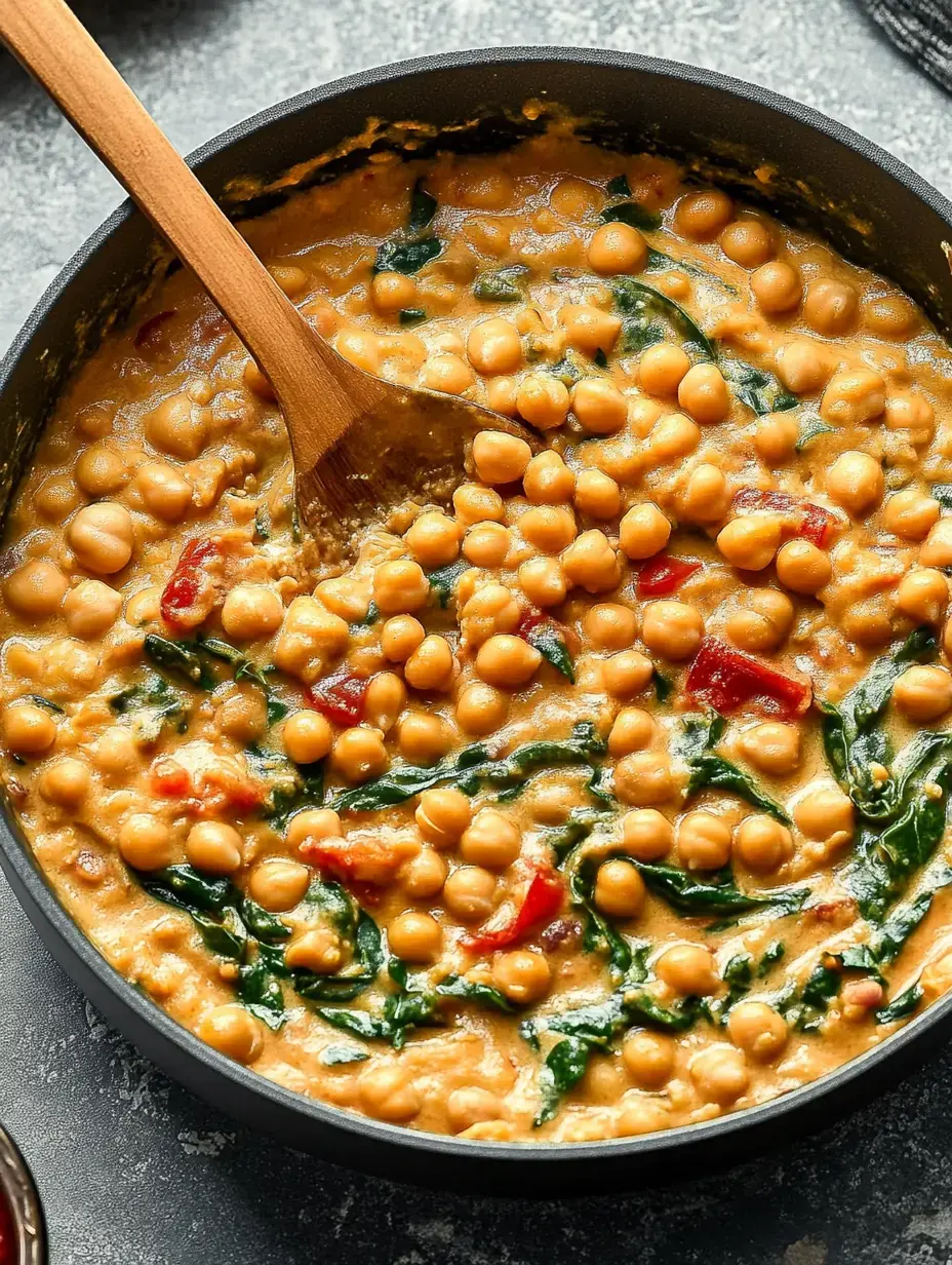 A thick, creamy chickpea and spinach stew is being stirred in a black saucepan with a wooden spoon.