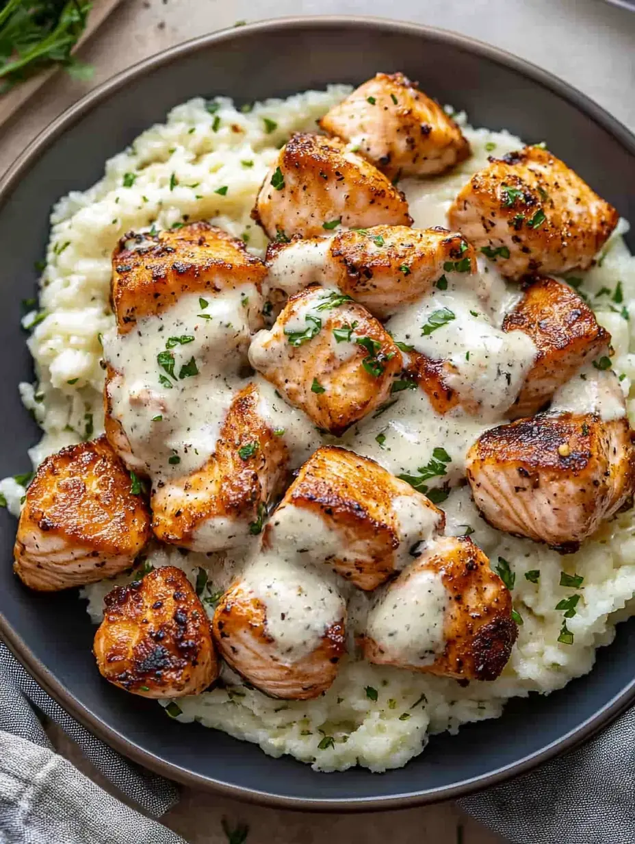 A plate of grilled salmon pieces drizzled with creamy sauce, served over a bed of mashed potatoes and garnished with herbs.