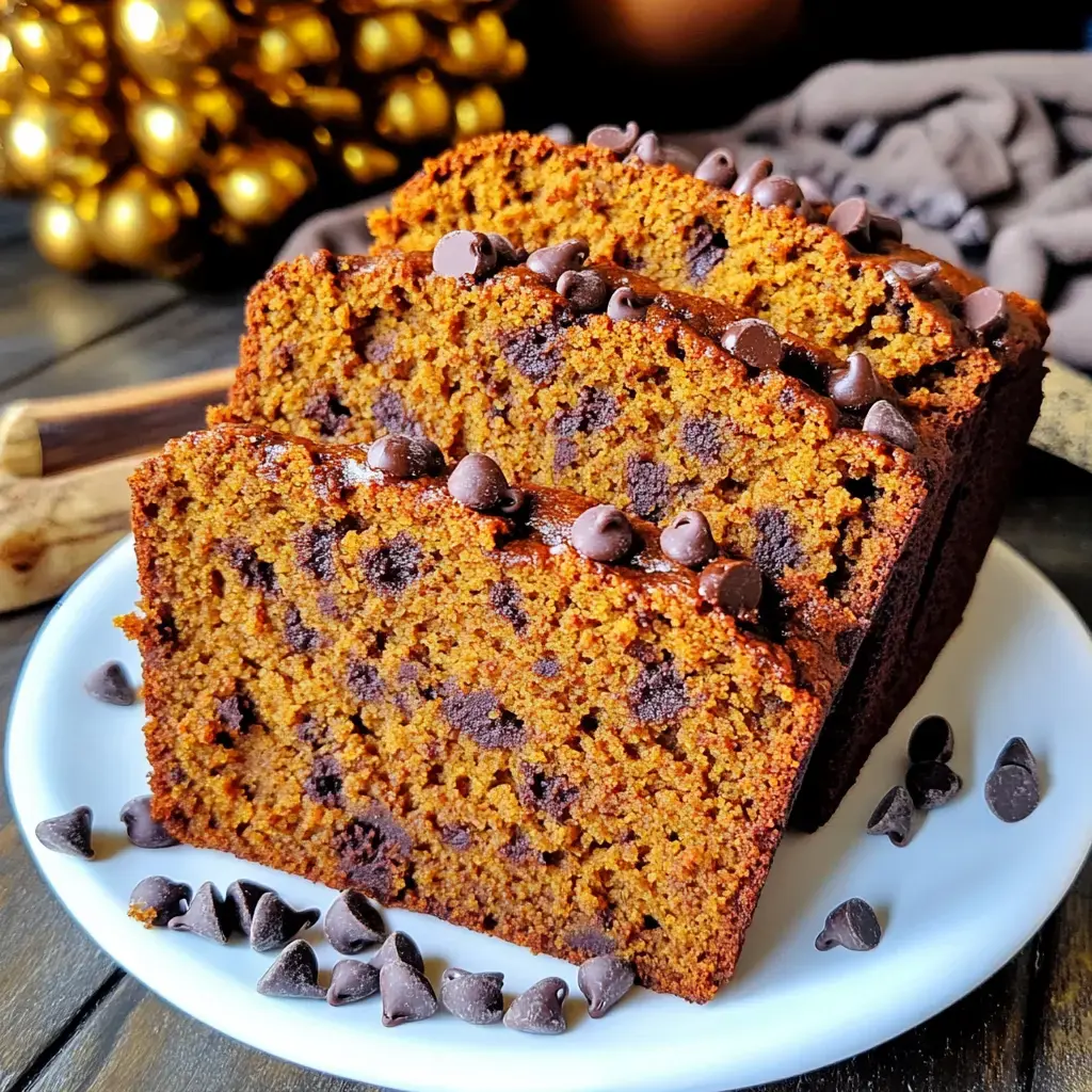 A plate of three slices of chocolate chip pumpkin bread, garnished with chocolate chips and surrounded by chocolate chips on a wooden surface.