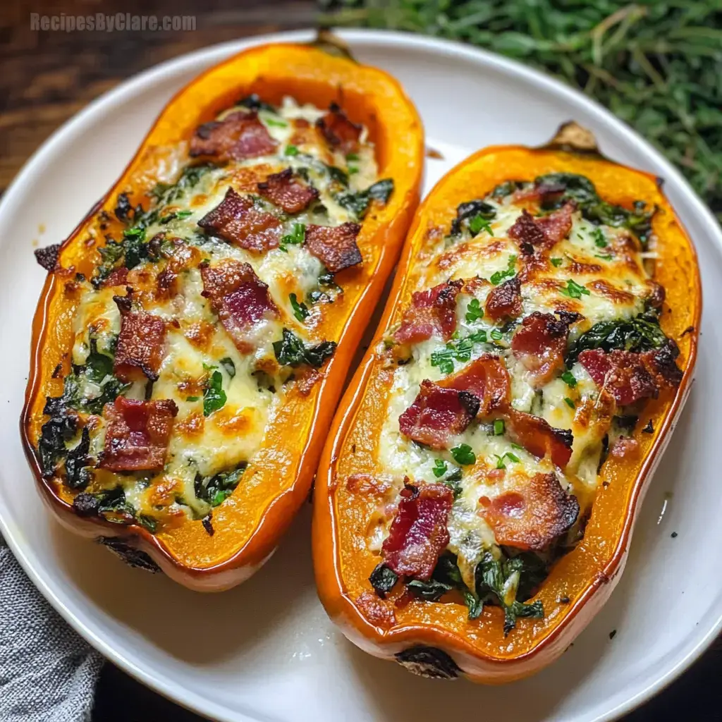 Stuffed Butternut Squash with Spinach, Bacon & Cheese