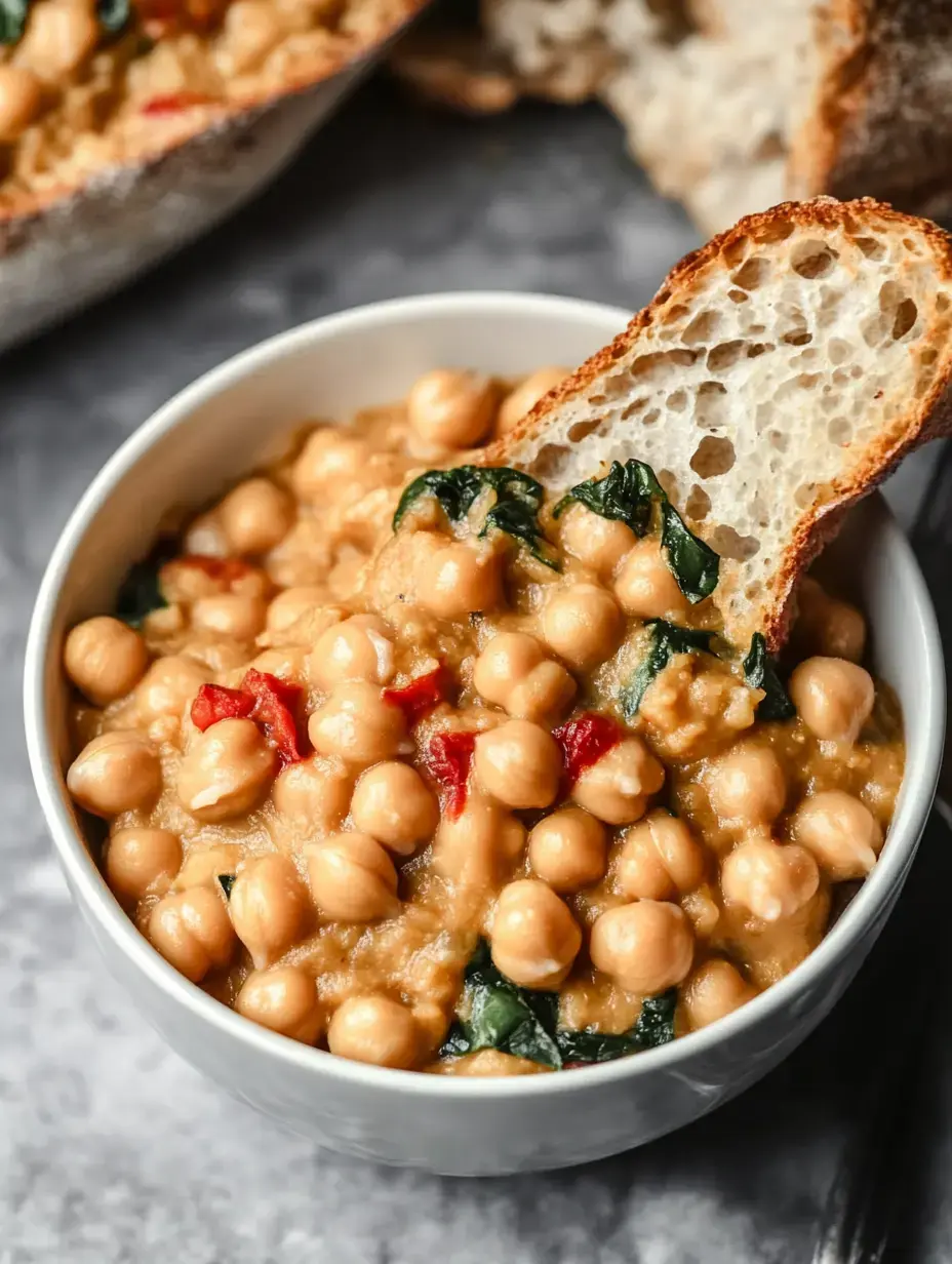 A bowl of creamy chickpea stew with spinach and red bell pepper, accompanied by a slice of crusty bread for dipping.