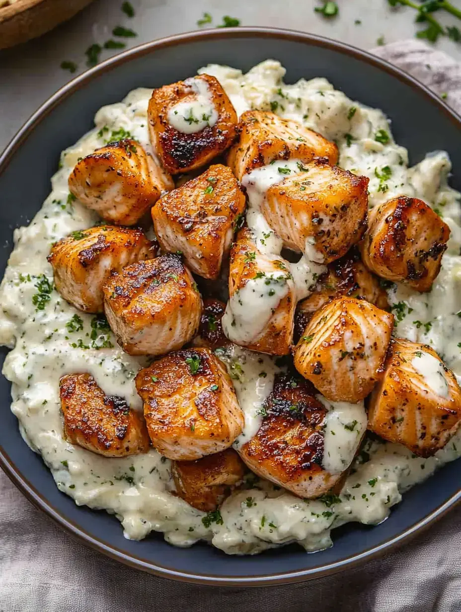 A bowl of grilled salmon cubes topped with a creamy sauce, served over a bed of mashed potatoes and garnished with parsley.