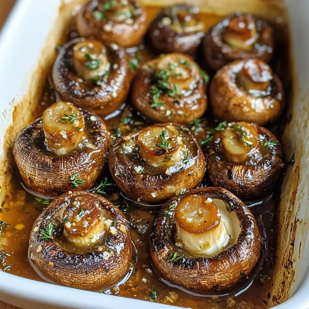 A baking dish filled with roasted mushrooms topped with garlic and herbs, arranged in a flavorful sauce.