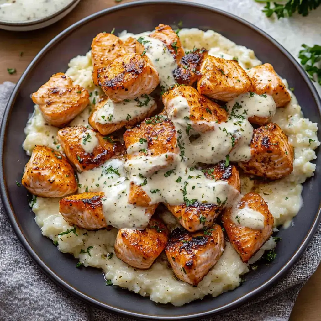 A plate of grilled salmon pieces topped with creamy sauce, served over a bed of creamy mashed potatoes and garnished with parsley.