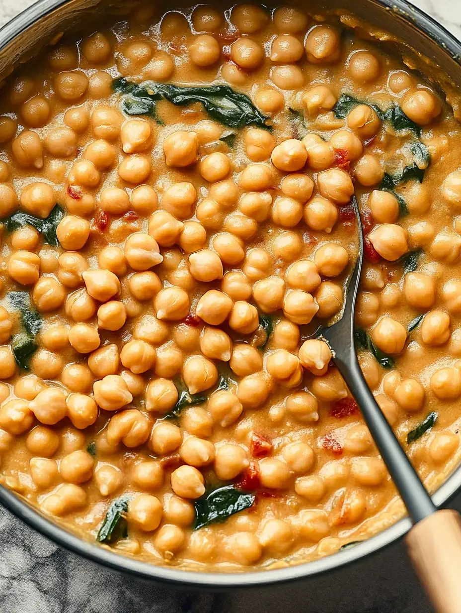 A close-up view of a creamy dish featuring chickpeas and spinach, simmered in a flavorful sauce.