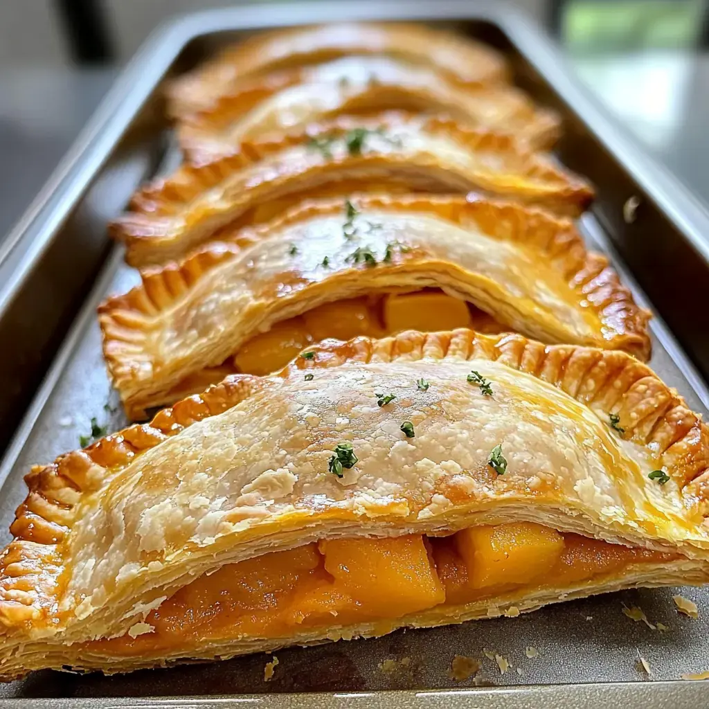 A close-up view of freshly baked pastries filled with peach slices, arranged neatly on a tray and garnished with herbs.