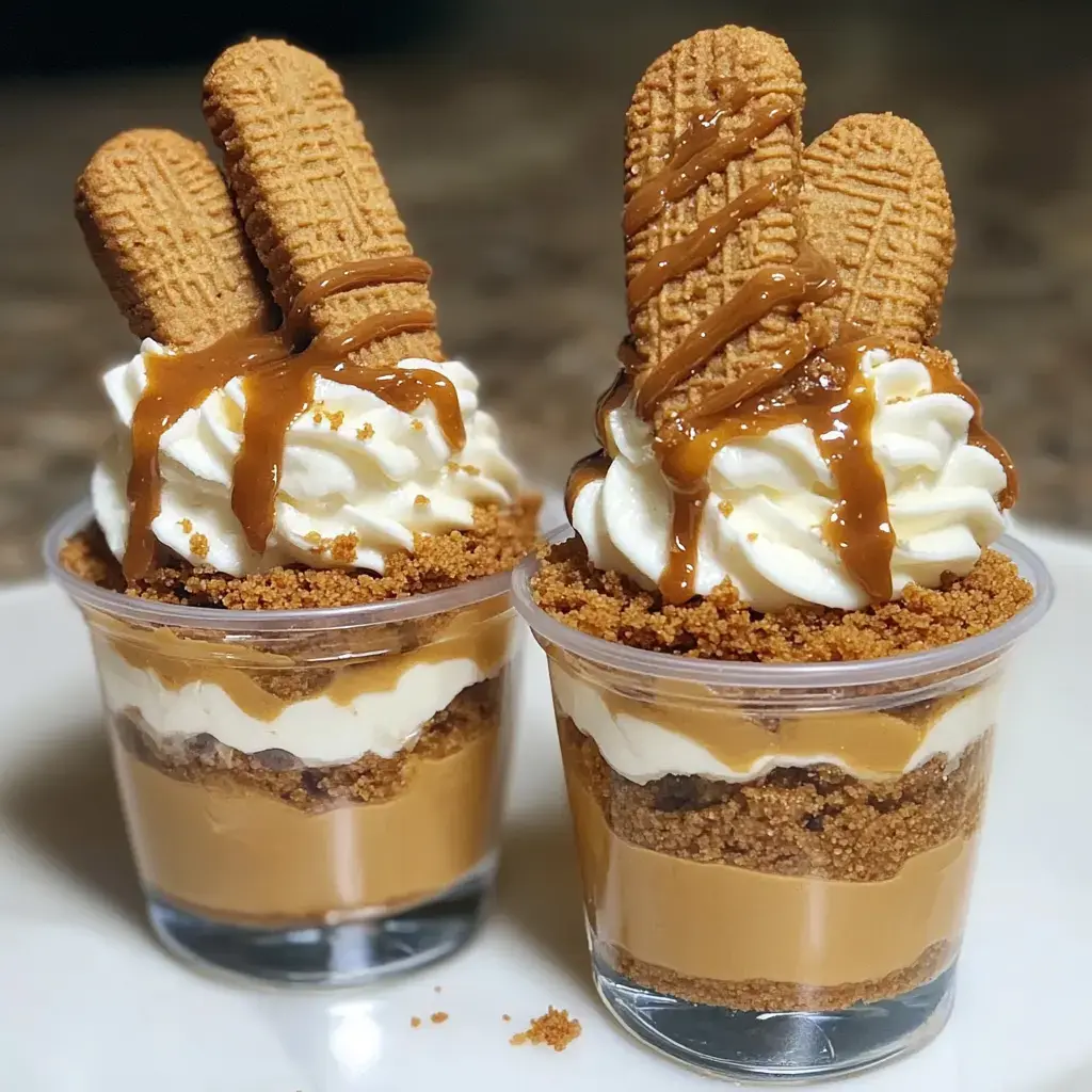 Two dessert cups filled with layers of creamy filling, crushed cookies, and topped with whipped cream, caramel drizzle, and cookie sticks.