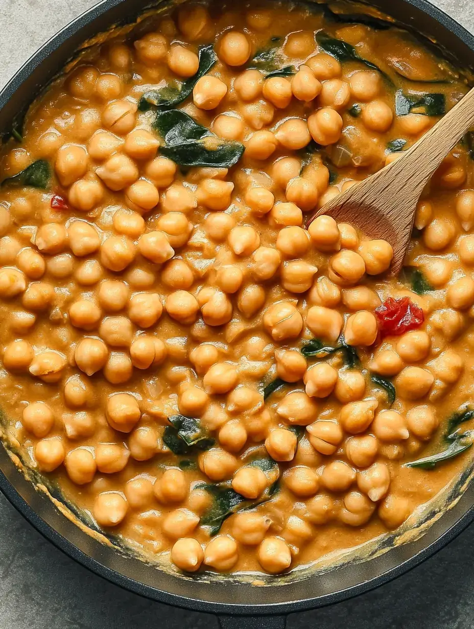 A close-up of a skillet filled with creamy chickpeas and spinach, garnished with red pepper.