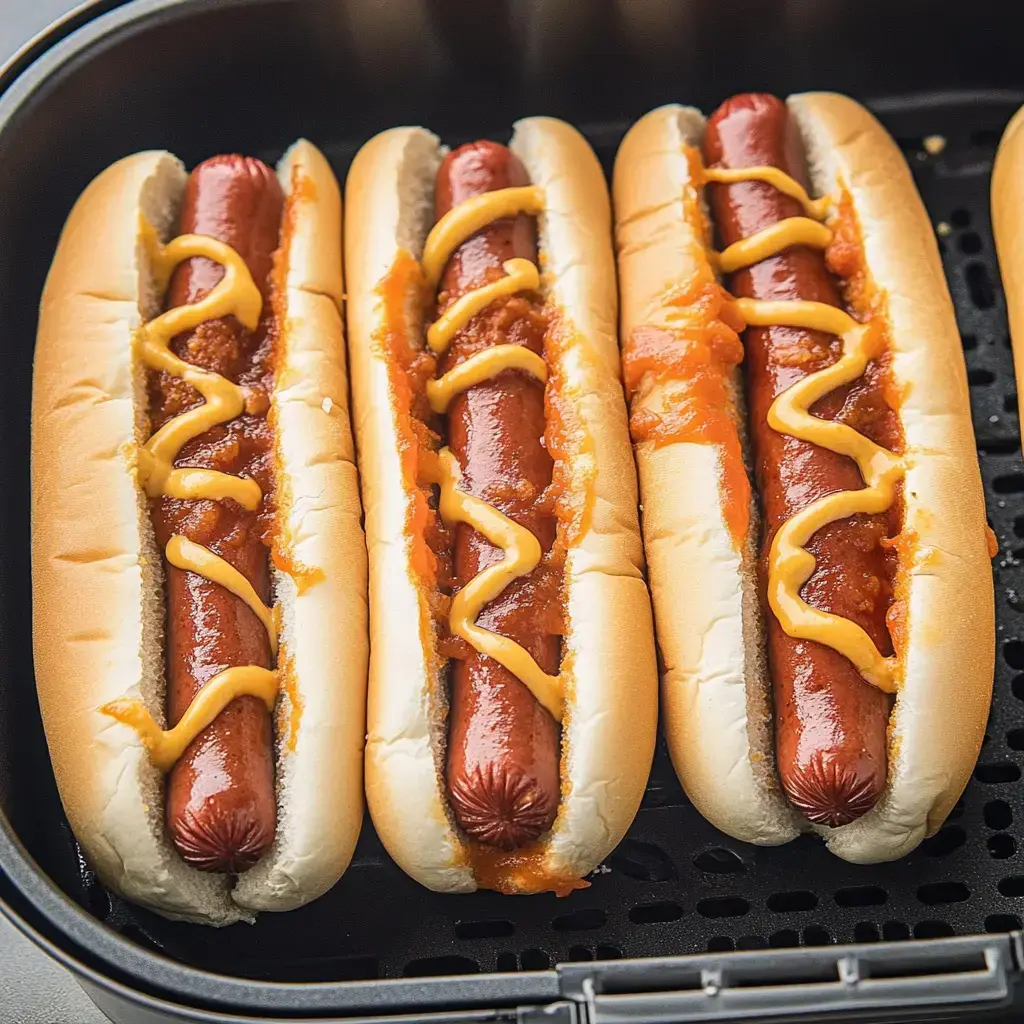 Three hot dogs in buns, topped with mustard and a layer of chili sauce, are arranged neatly in a black container.