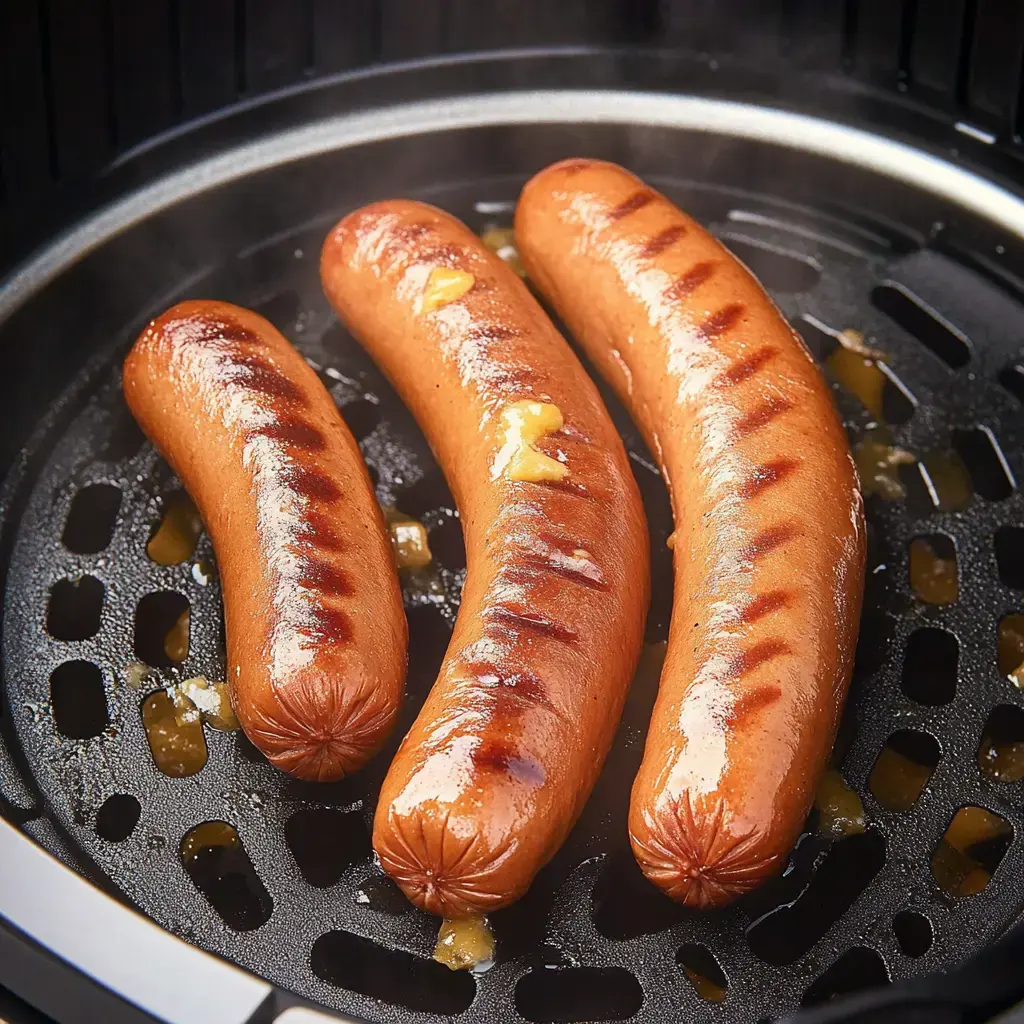 Three grilled sausages are placed inside an air fryer basket, with steam rising and some visible seasoning on them.