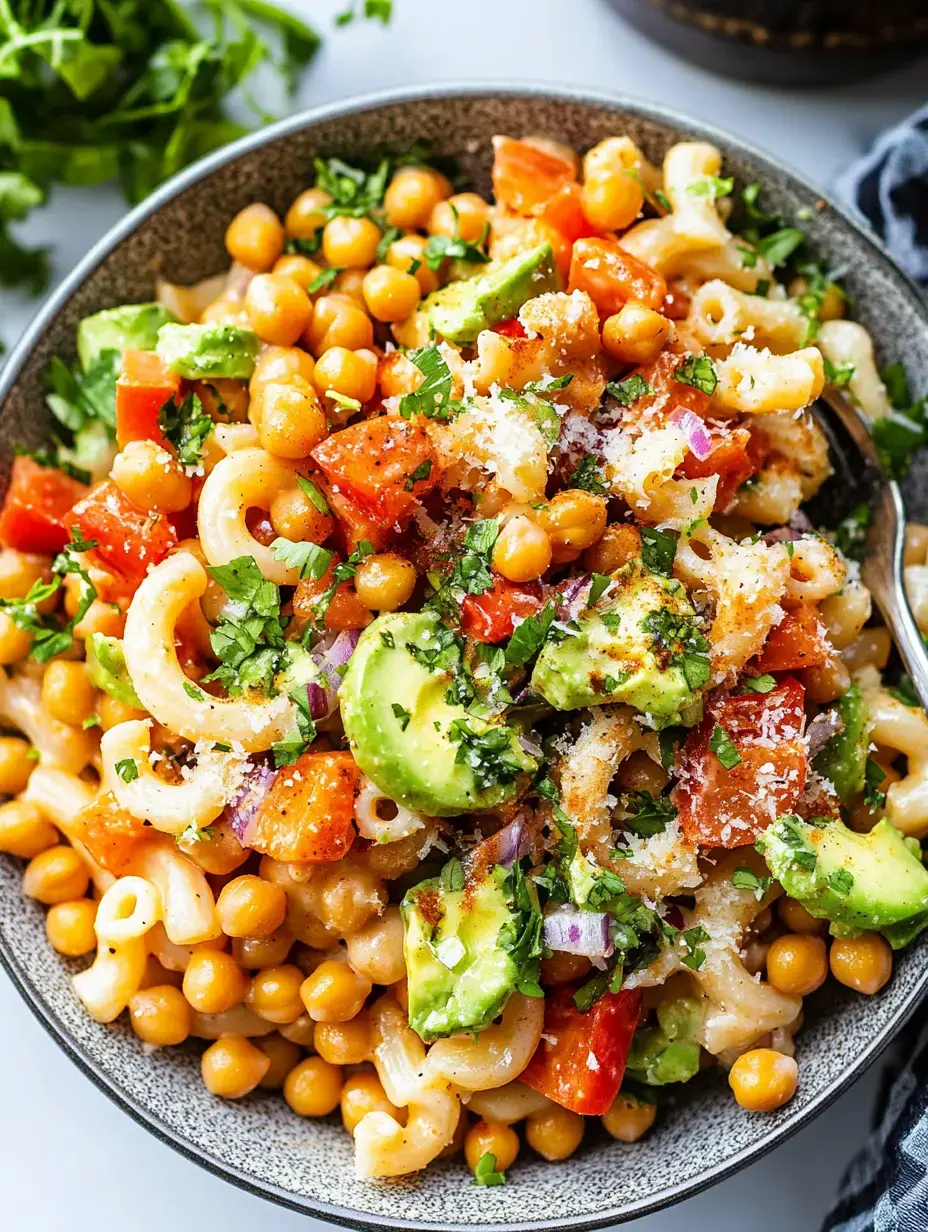 A bowl of pasta salad featuring macaroni, chickpeas, diced tomatoes, avocado, red onion, and fresh herbs, topped with grated cheese.