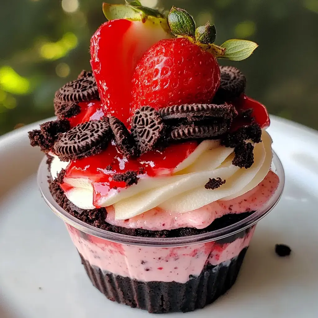 A layered cupcake topped with a shiny strawberry, Oreo crumbs, and strawberry sauce.