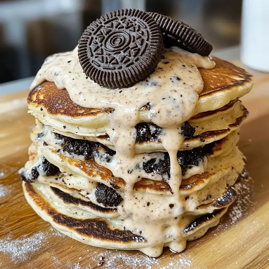 A stack of pancakes layered with crushed cookies and topped with a creamy, dripping sauce and whole cookies.