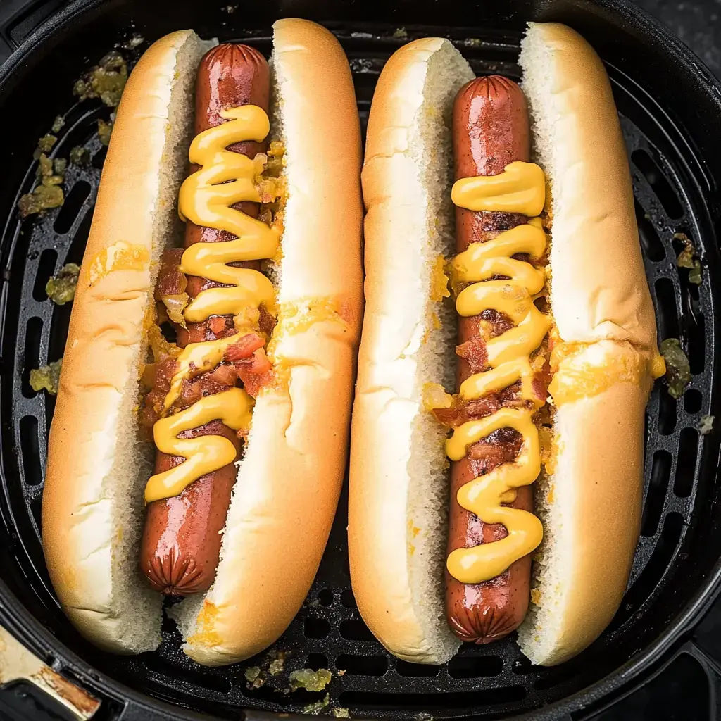 Two hot dogs with mustard are placed inside sliced buns, sitting on a black air fryer tray.