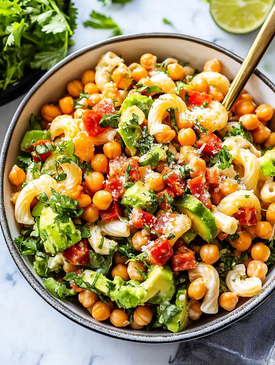 A bowl of pasta salad featuring chickpeas, diced tomatoes, avocado, and fresh cilantro, garnished with lime and served with a gold spoon.