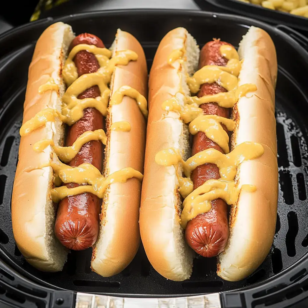 Two hot dogs placed in soft buns, topped with yellow mustard, in a black container.