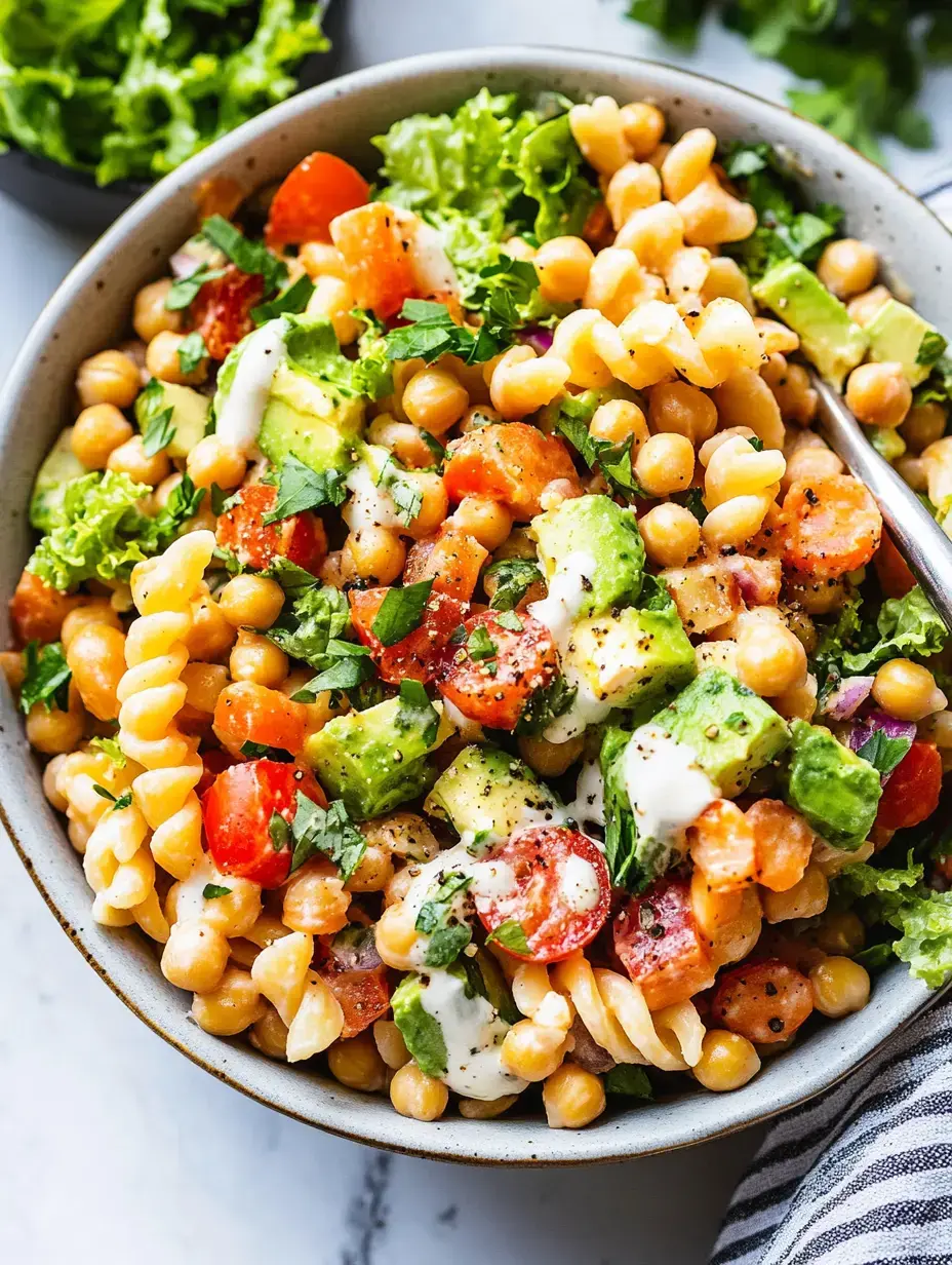 A vibrant bowl of pasta salad featuring chickpeas, cherry tomatoes, avocado, lettuce, and a creamy dressing garnished with herbs.