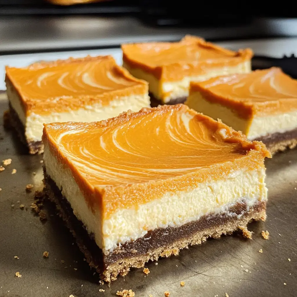 A close-up view of square slices of a layered dessert featuring a creamy cheesecake layer topped with a glossy orange caramel layer, resting on a chocolate crust.