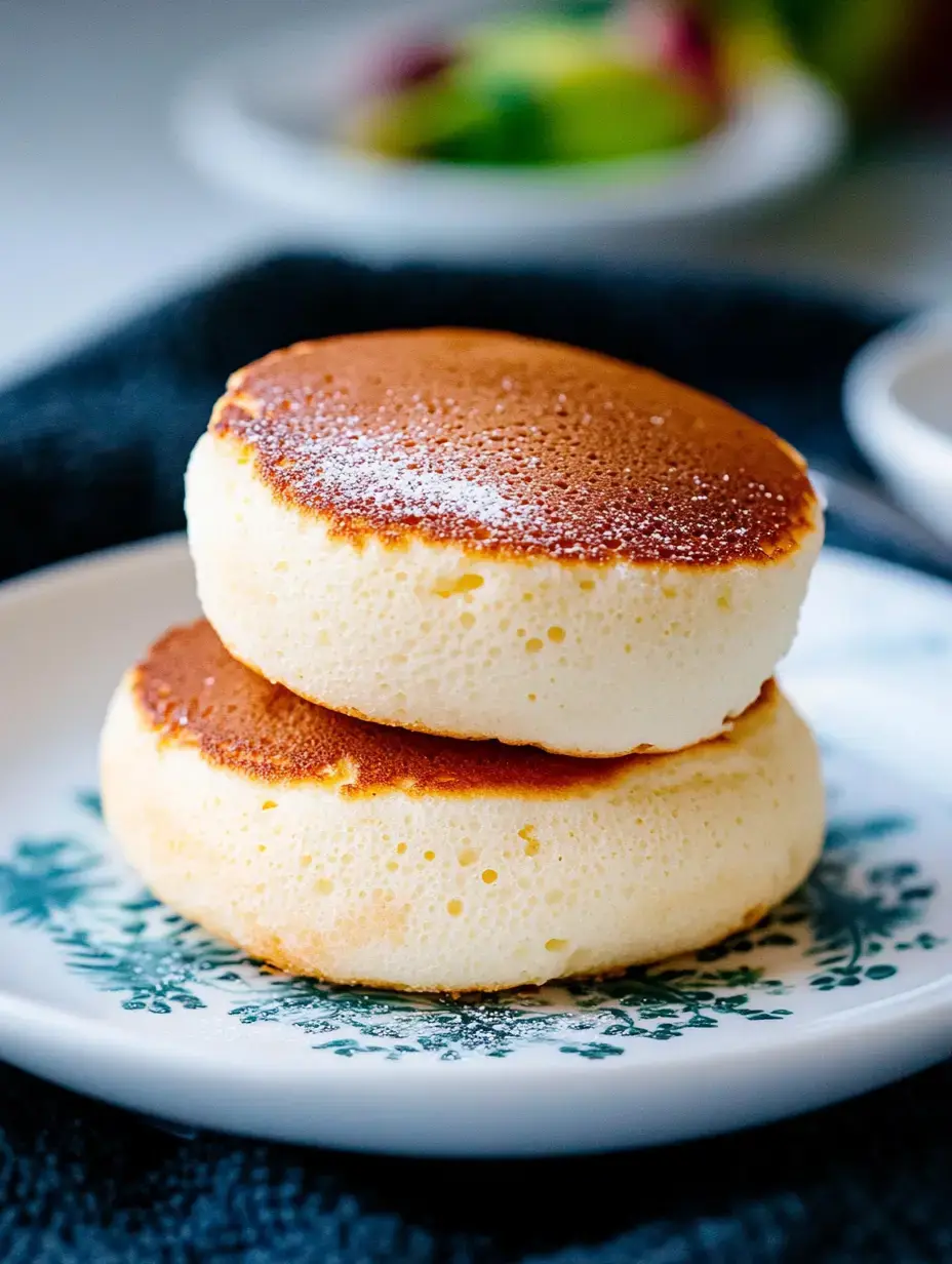 Two fluffy, golden-brown Japanese soufflé pancakes stacked on a decorative plate.