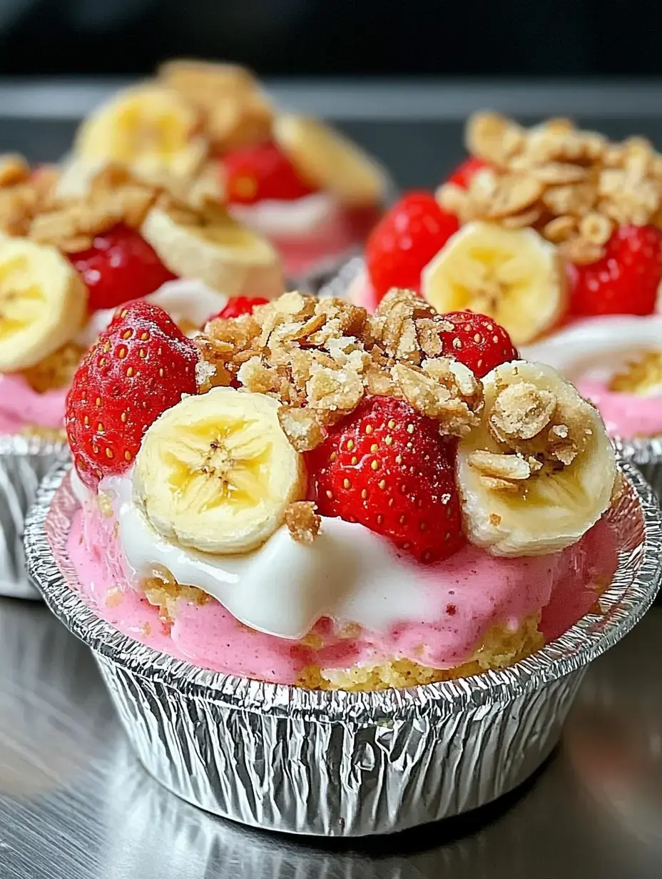 A close-up of colorful dessert cups topped with strawberries, banana slices, granola, and a creamy pink layer.