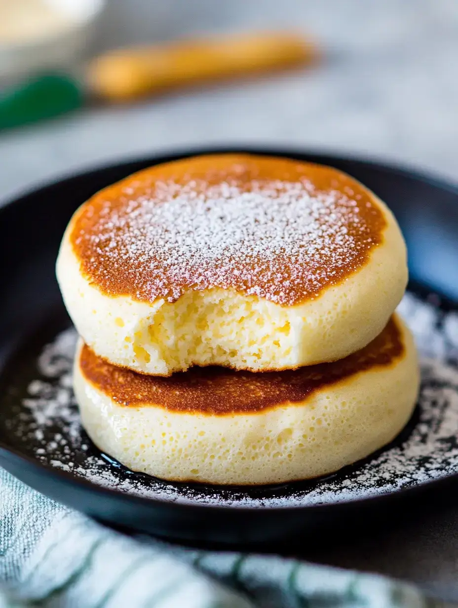 Fluffy, golden pancakes stacked on a black plate, with powdered sugar sprinkled on top and one pancake partially eaten.