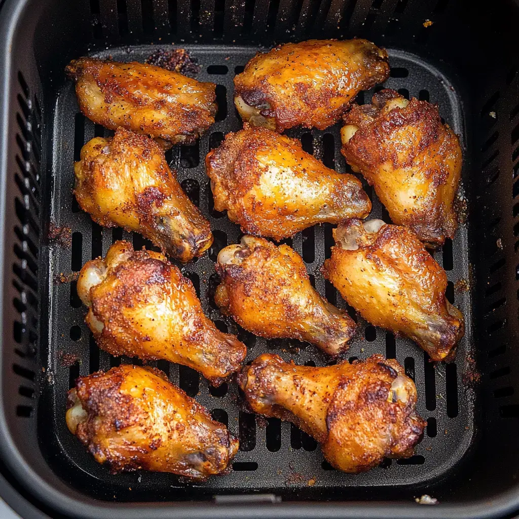 A close-up view of crispy, golden-brown chicken wings arranged in an air fryer basket.