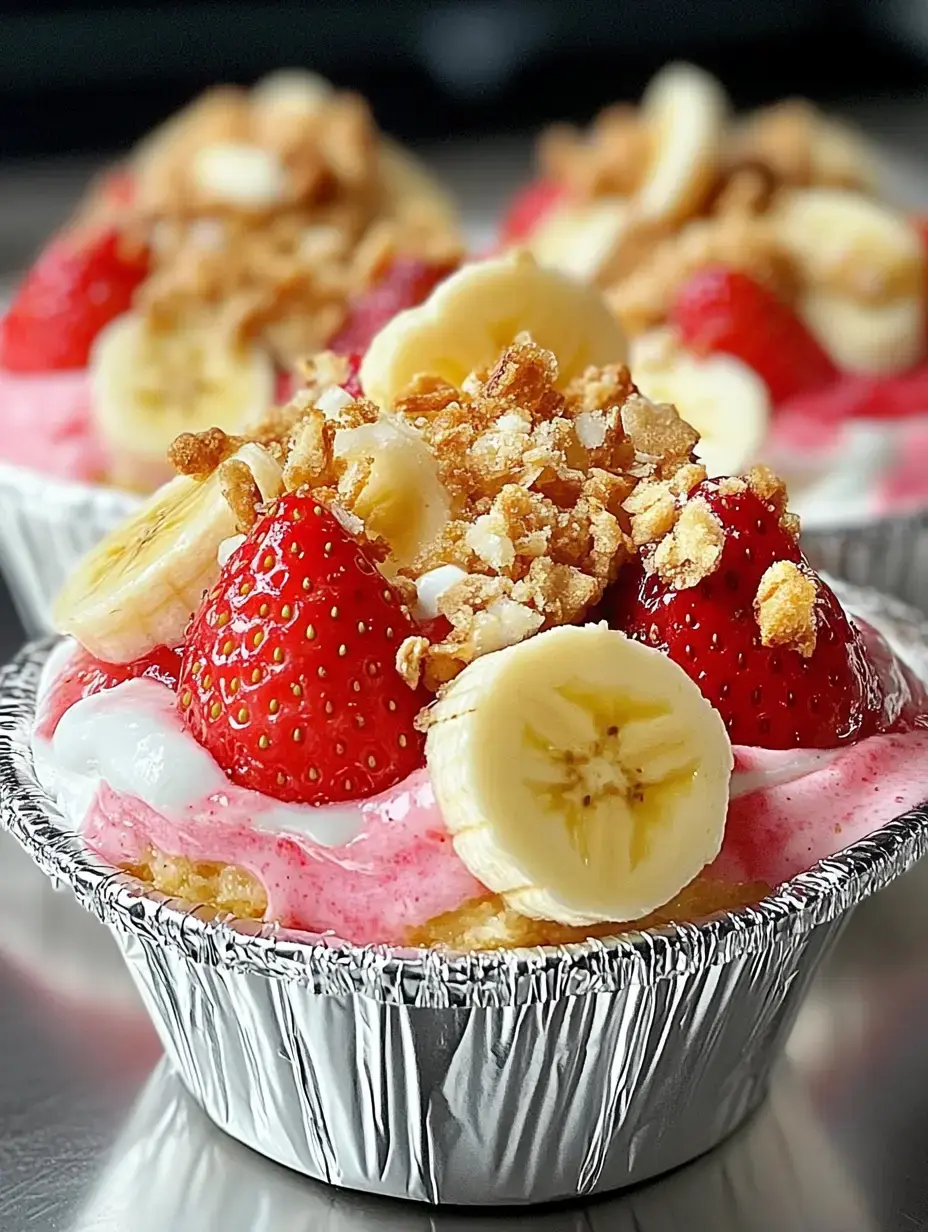 A close-up of a dessert cup topped with sliced bananas, strawberries, and crushed granola over a pink cream filling.