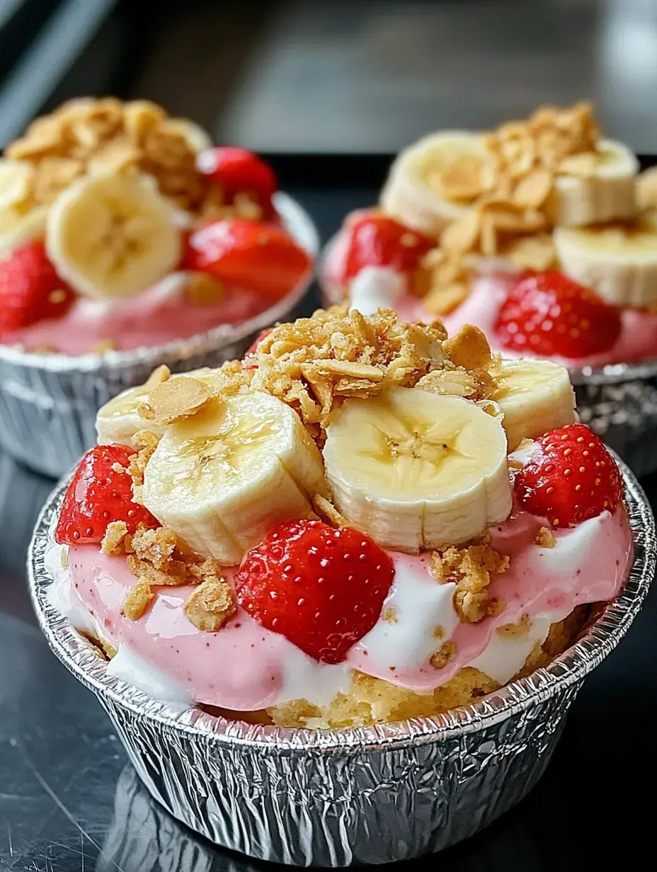 Three dessert cups topped with banana slices, strawberries, and crunchy granola are presented on a dark surface.