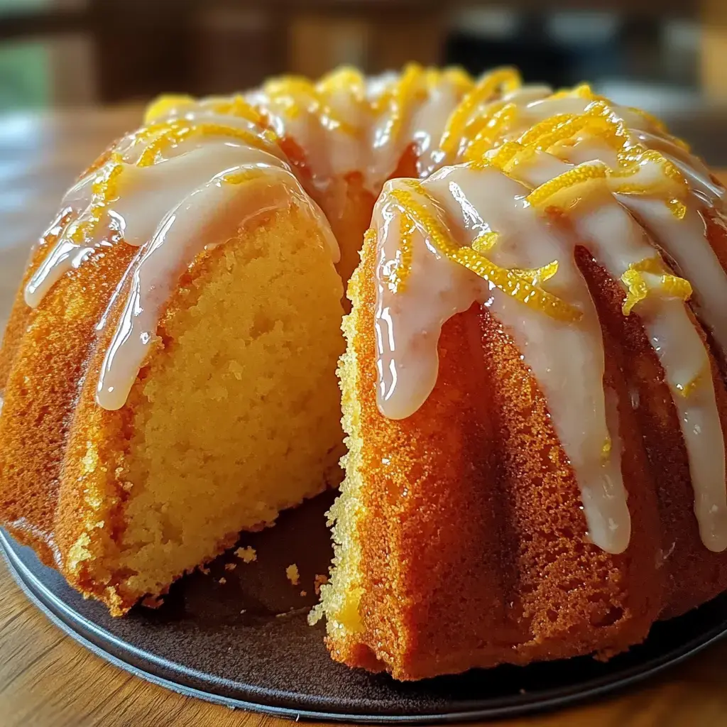 A freshly baked bundt cake with a glossy icing and orange zest on top, partially sliced to reveal its moist interior.