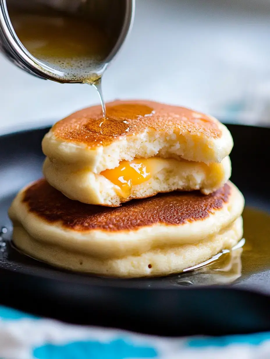 A close-up of fluffy pancakes drizzled with syrup, showcasing a gooey center filled with melted egg yolk.