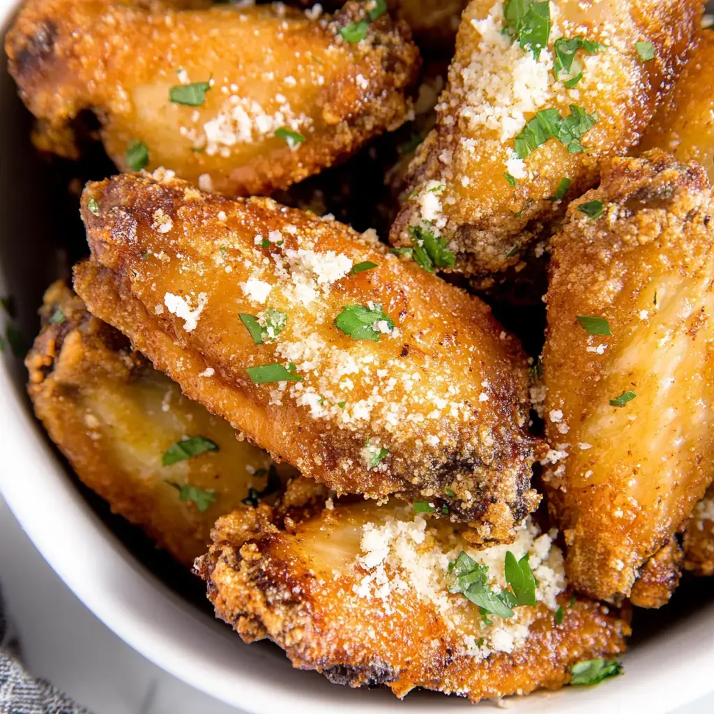 A close-up view of crispy chicken wings garnished with chopped parsley and grated cheese in a white bowl.