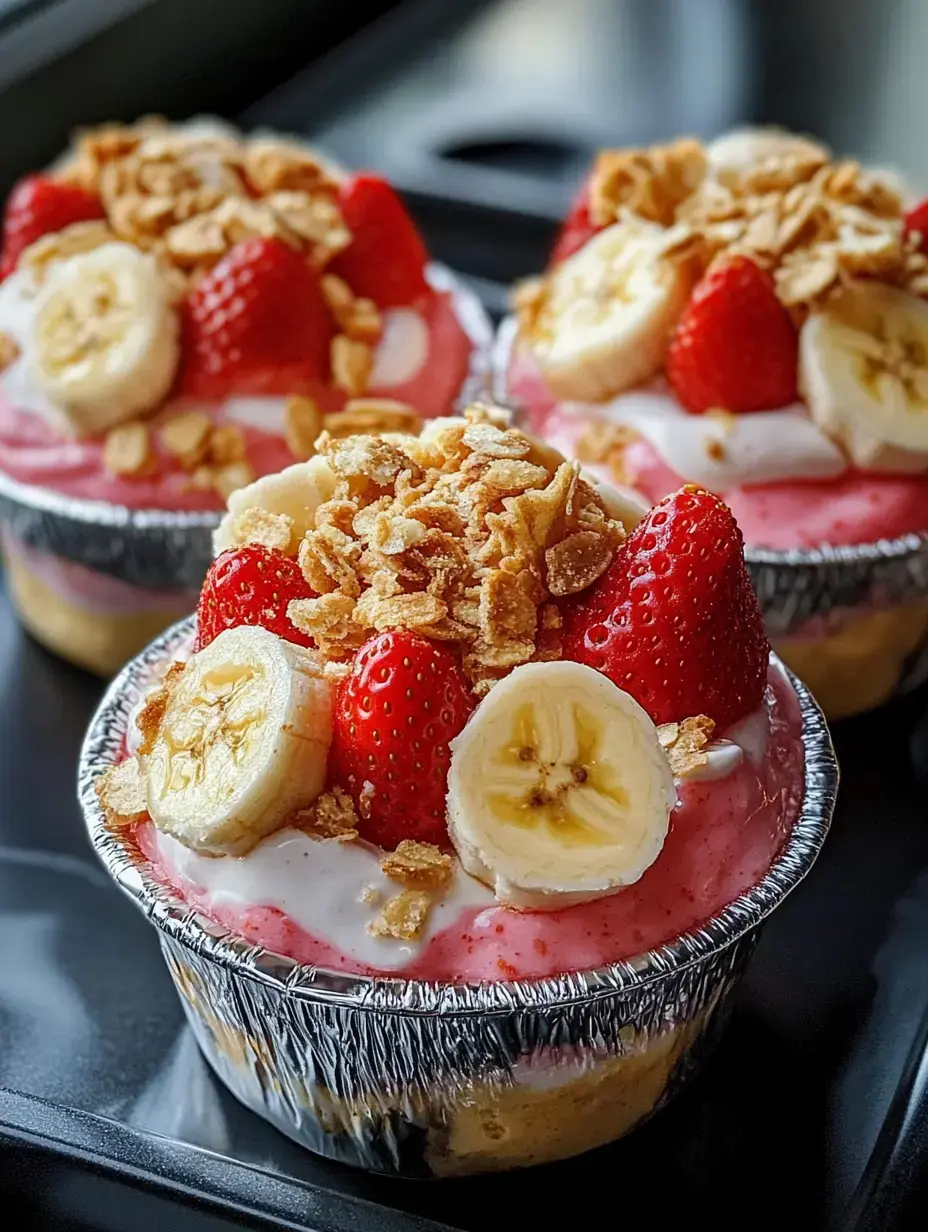 Three colorful dessert cups topped with strawberries, banana slices, granola, and a pink layer of frosting are displayed on a dark surface.