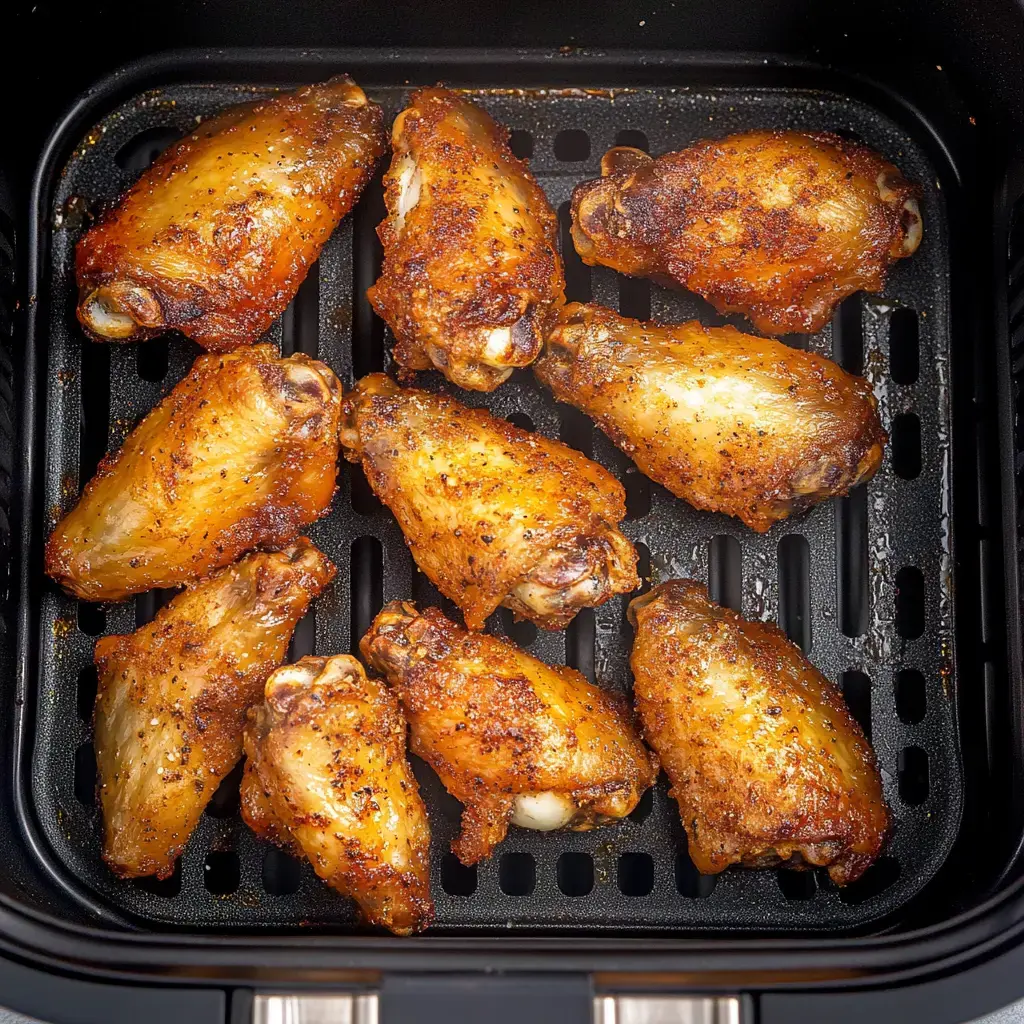 A close-up of crispy, golden-browned chicken wings arranged in a black air fryer basket.