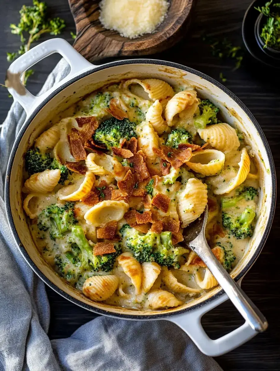 A creamy pasta dish featuring shell noodles, broccoli, and crispy toppings in a pot, with grated cheese nearby.