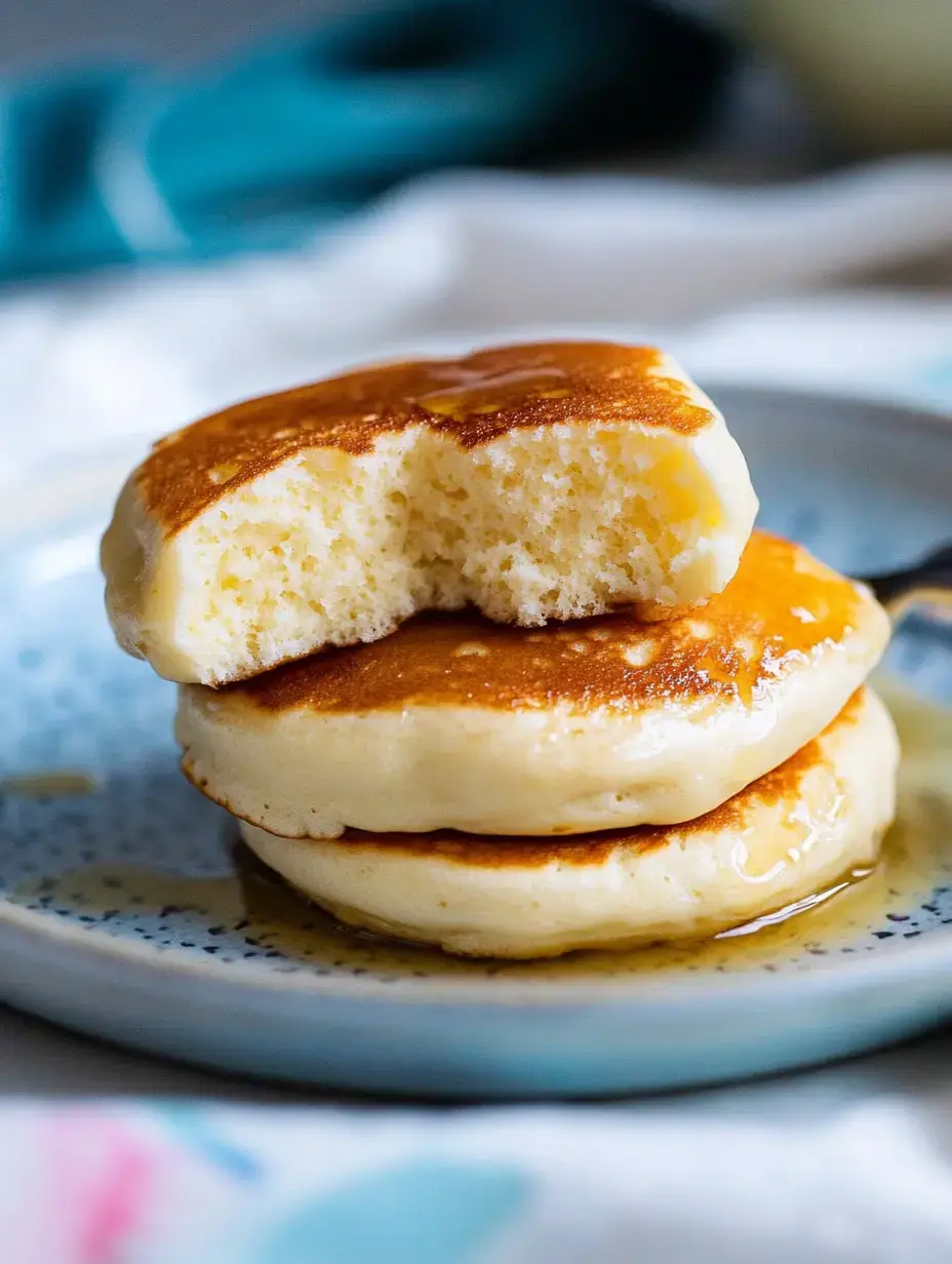 A stack of fluffy pancakes topped with syrup, with a bite taken out of the top pancake, sitting on a decorative plate.