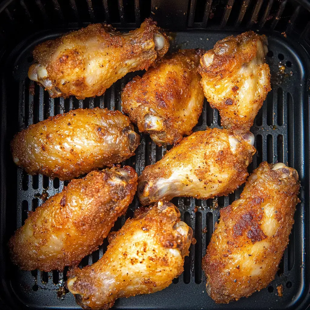 A close-up of crispy, golden-brown chicken wings arranged in an air fryer basket.