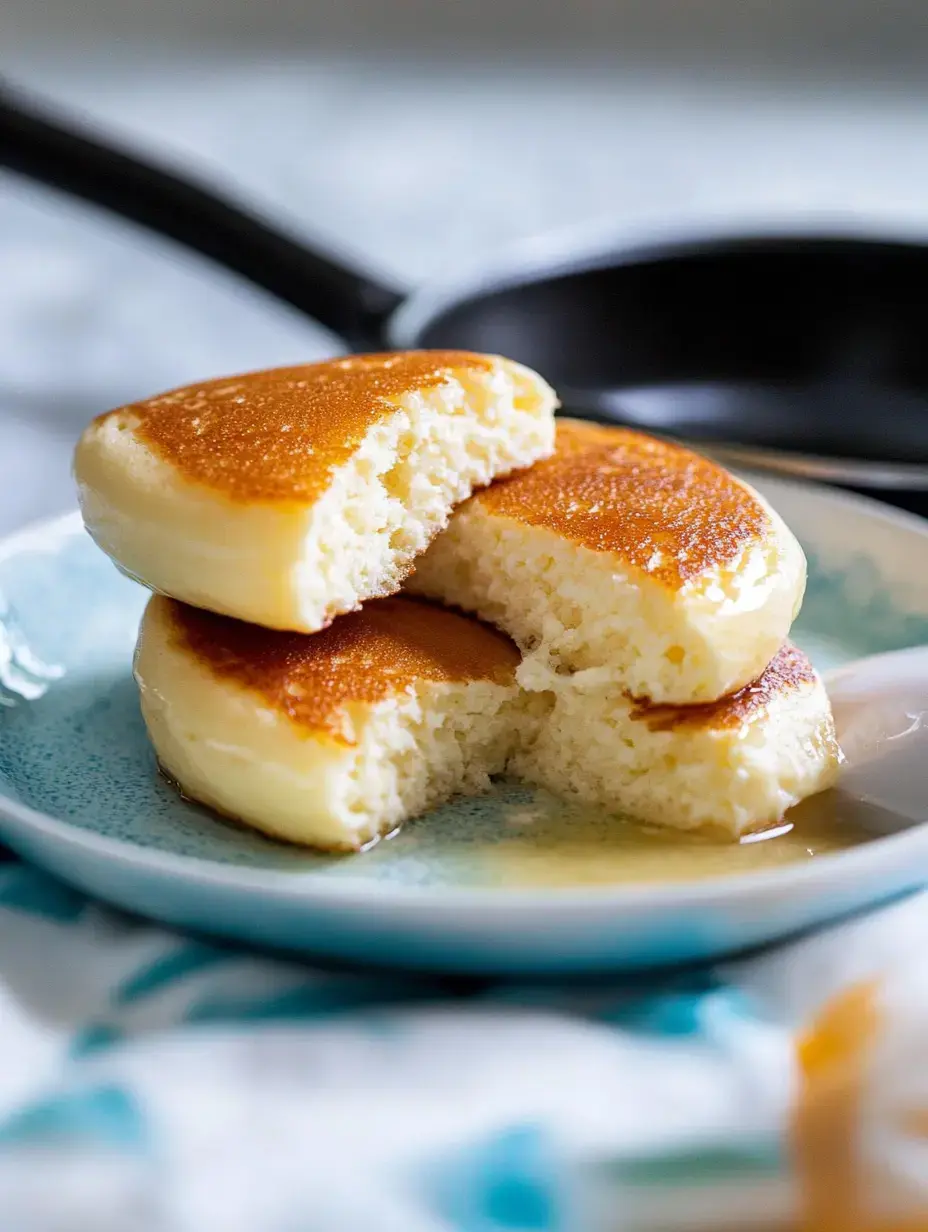 A stack of three fluffy pancakes, with one partially cut, drizzled with syrup on a blue plate.