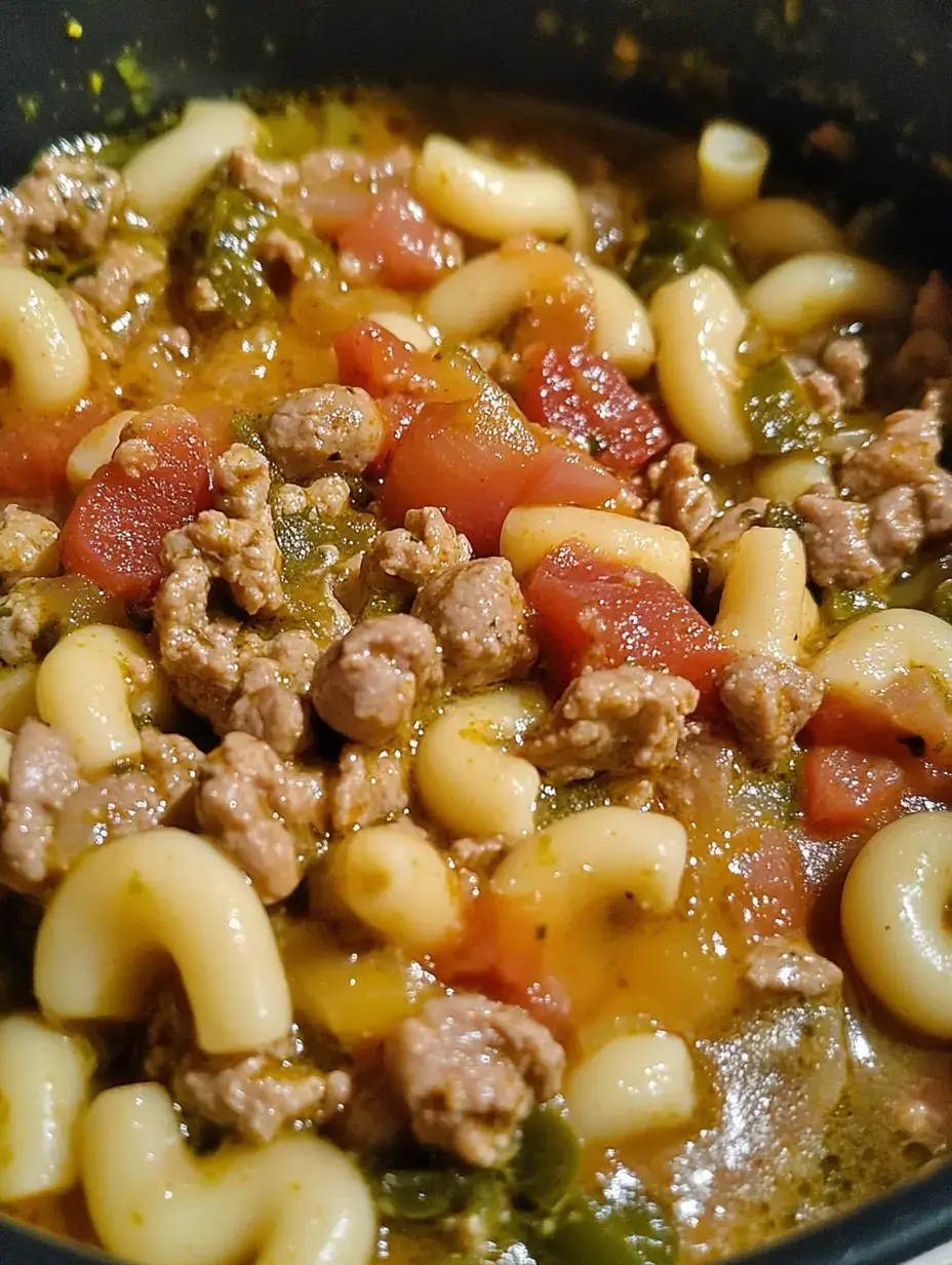 A close-up of a hearty stew featuring macaroni, ground meat, diced tomatoes, and green vegetables in a flavorful broth.